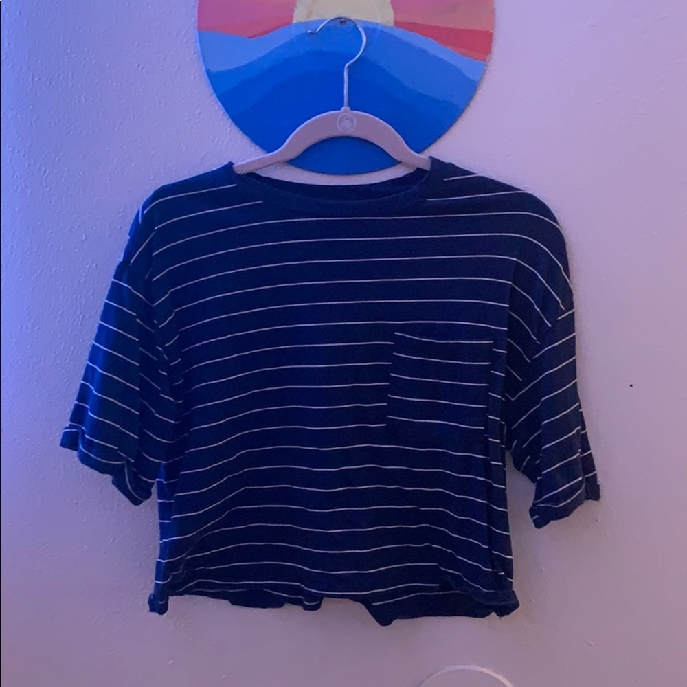 Striped Navy Blue Crop Top with Pocket- Forever 21